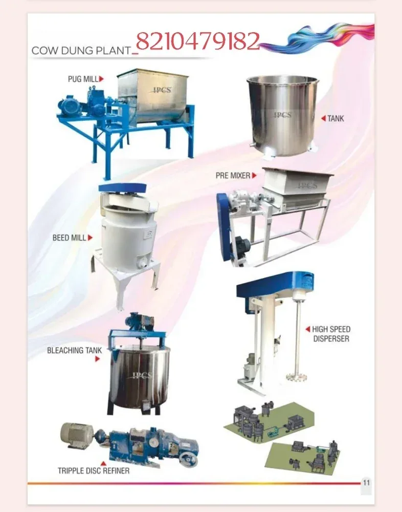 Chart of cow dung paint plant machines from dung processing to filling